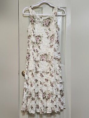 SLNY Cream Lace Tiered Maxi Dress with Pink Floral Print
